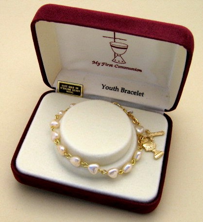 pink pearl heart First Communion Bracelet